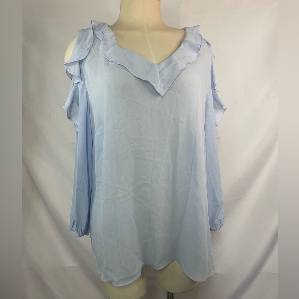 Zac&Rachel powder blue blouse, with cold shoulders and ruffles! Size XL